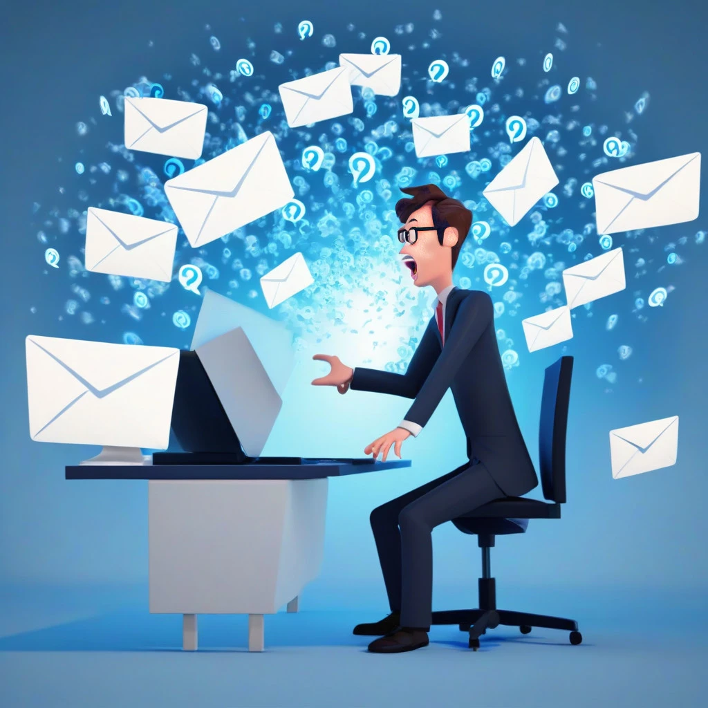 cartoon of confused man with emails swirling around